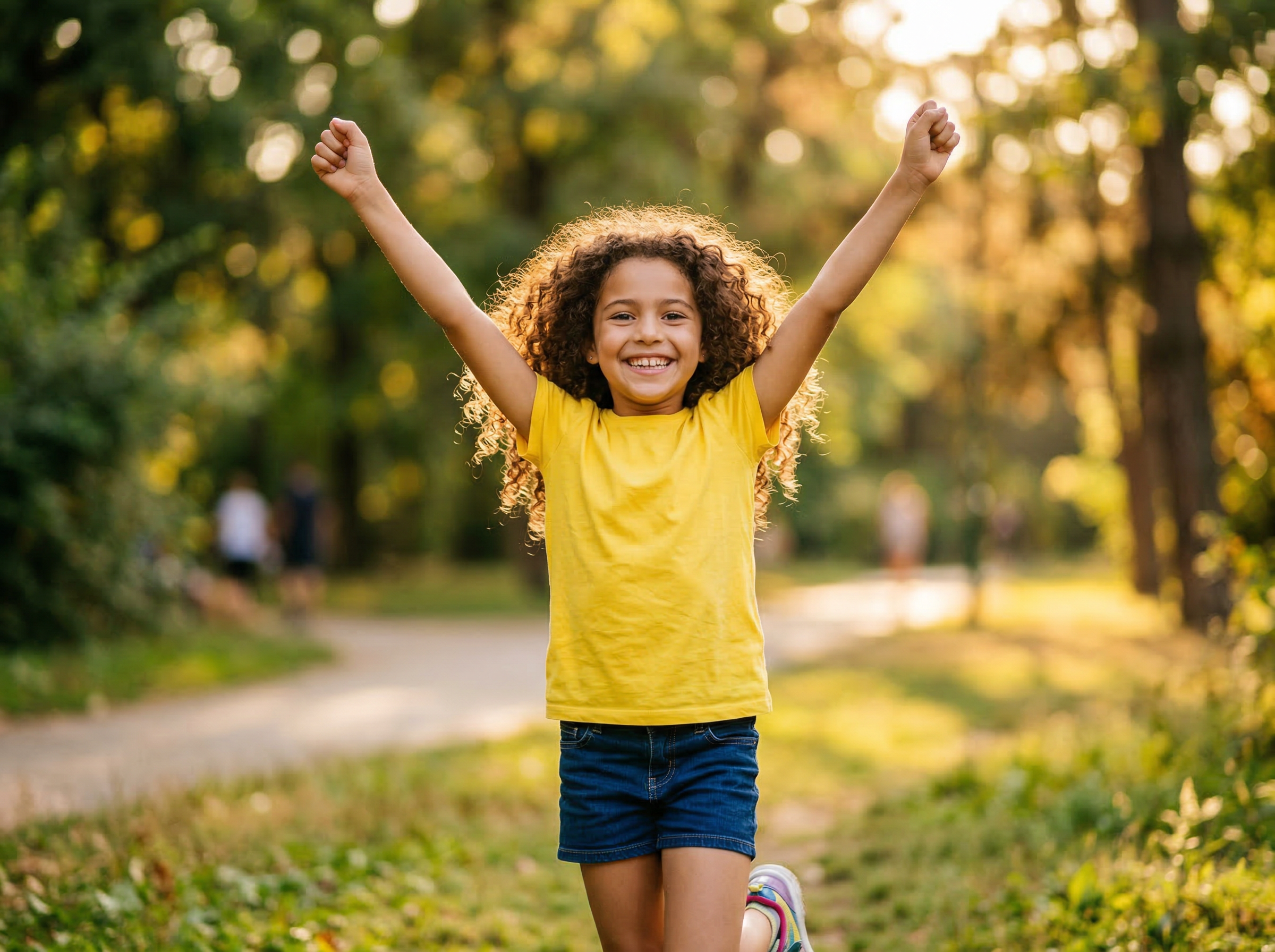 Confident child celebrating outdoors
